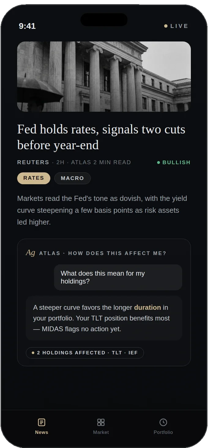Detalhe de notícia do Argentum Ai no iPhone — ATLAS responde o que uma manchete do Fed significa para as suas posições
