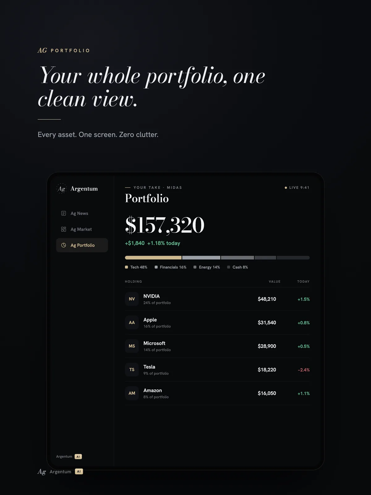 Argentum Ai no iPad — Carteira com navegação lateral e tabela completa de posições