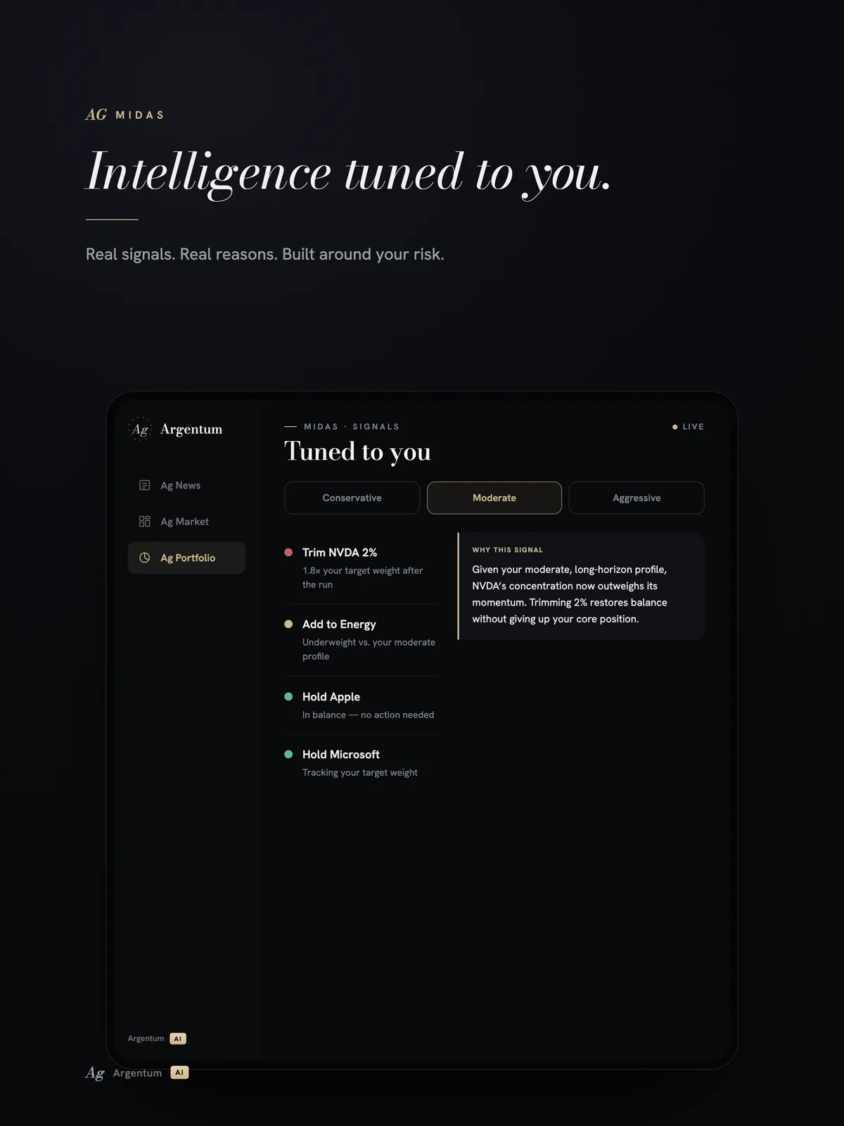 Argentum Ai no iPad — análise do MIDAS ajustada ao seu perfil de risco