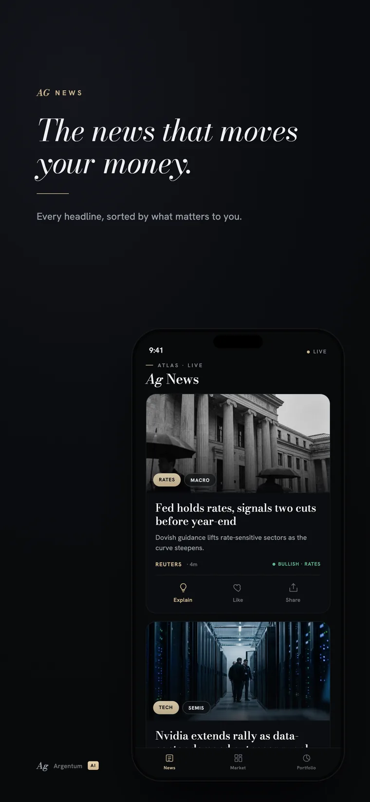 Captura da App Store do Argentum Ai — feed de notícias com cada manchete etiquetada pelo ATLAS