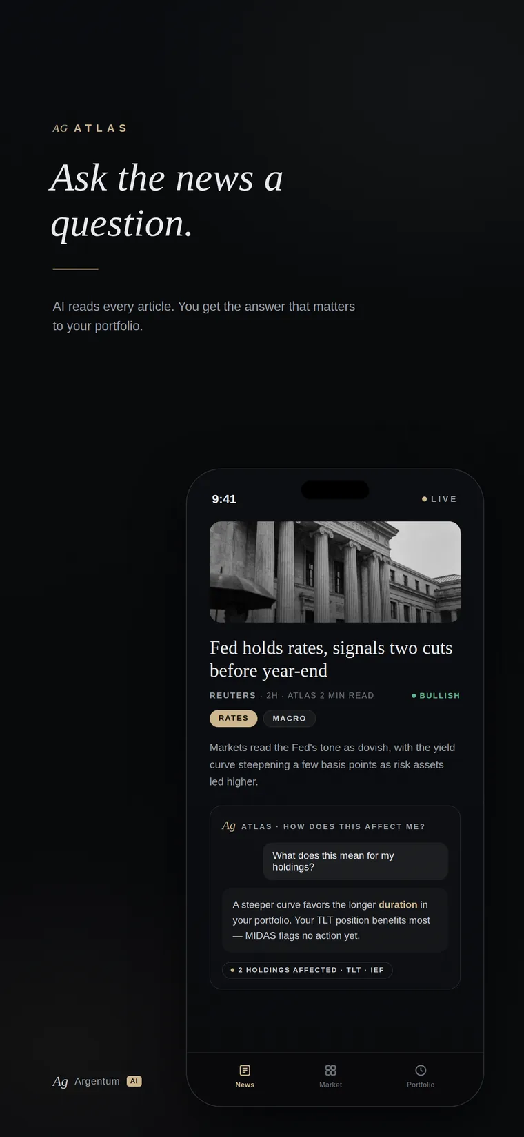 Captura da App Store do Argentum Ai — ATLAS responde uma pergunta sobre uma manchete do Fed