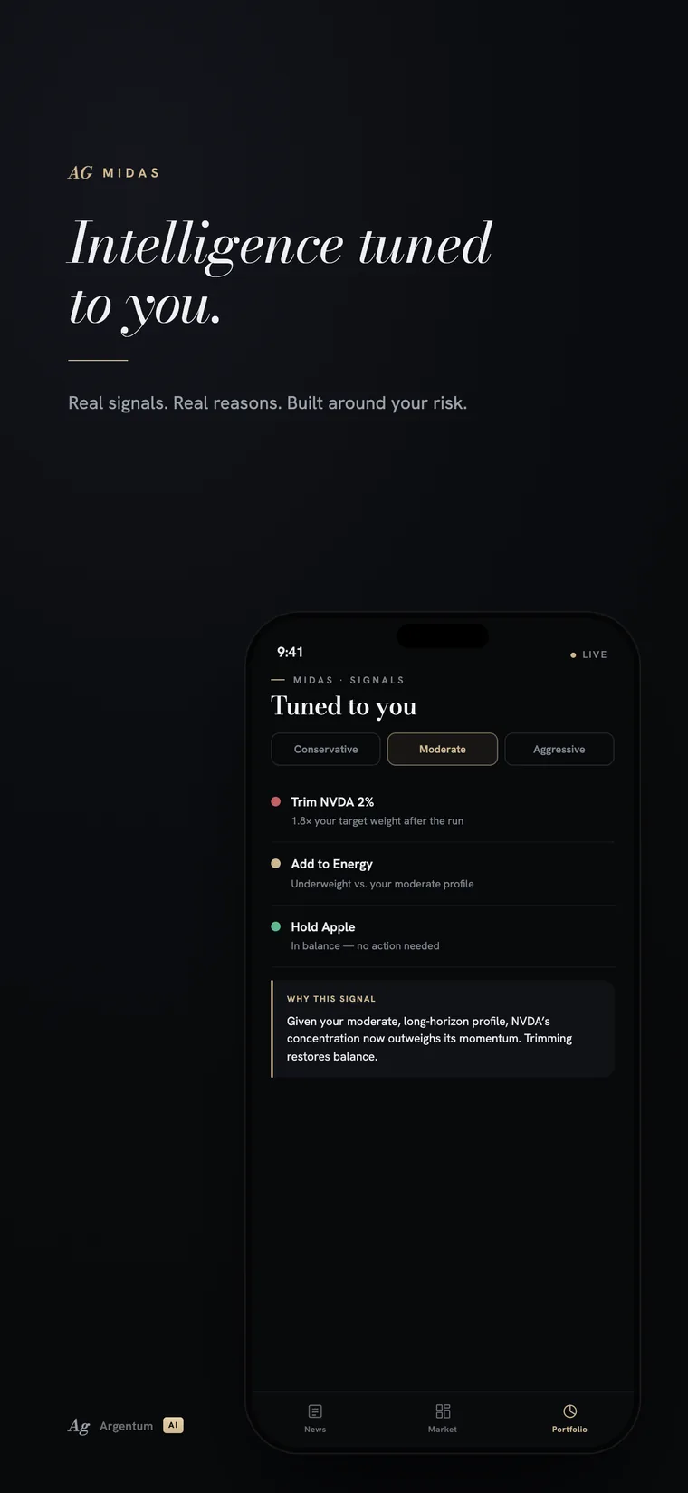 Captura da App Store do Argentum Ai — análise do MIDAS ajustada ao seu perfil de risco