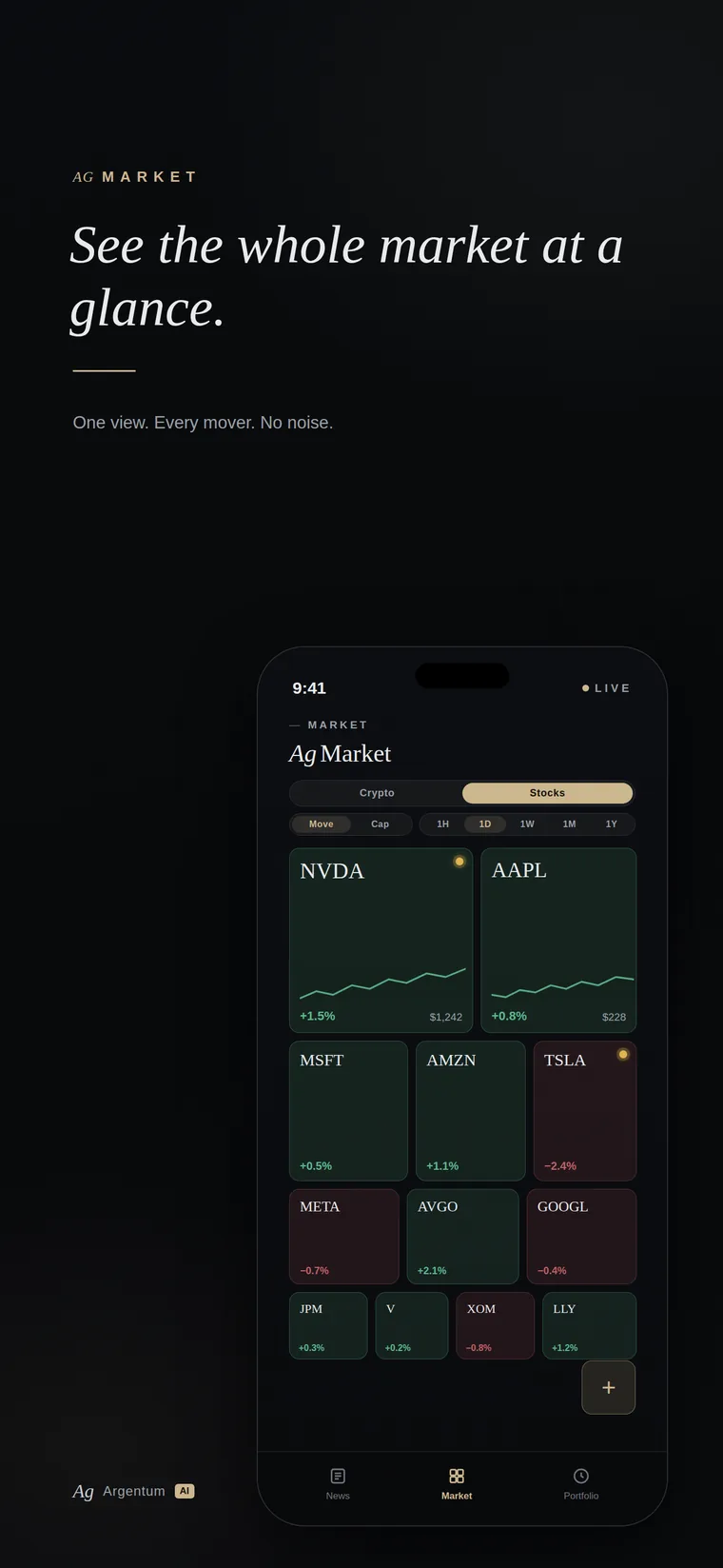 Captura da App Store do Argentum Ai — mapa de calor Market Mosaic com cada movimento